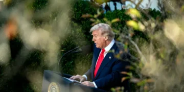 U.S. President Donald Trump delivers remarks during a posthumous Presidential Medal of Freedom ceremony honoring Charlie Kirk at the White House Rose Garden on October 14, 2025.