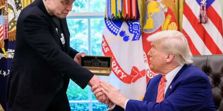 Donald Trump and Elon Musk during a press conference in the Oval Office on May 30, 2025.