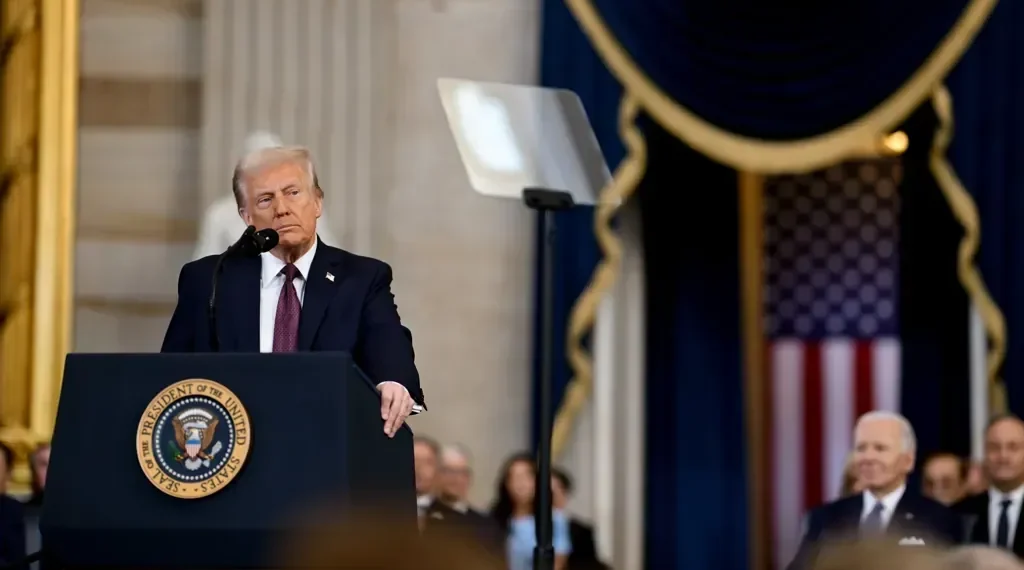 U.S. President Donald Trump delivers his inaugural address at the U.S. Capitol in Washington, D.C., on January 20, 2025.