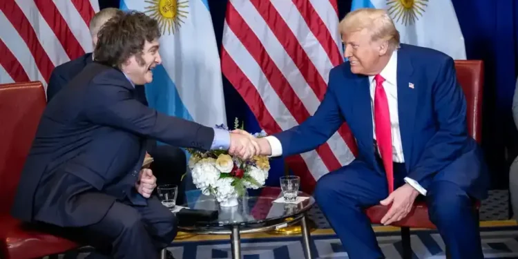 U.S. President Donald Trump meets with Argentine President Javier Milei at the Gaylord National Resort & Convention Center in Oxon Hill, Maryland, on February 22, 2025.
