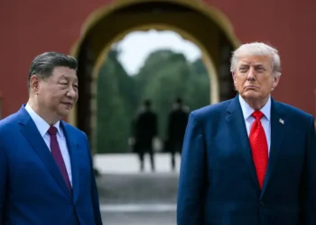 U.S. President Donald Trump tours the Hall of Prayer for Good Harvests with Chinese President Xi Jinping at the Temple of Heaven in Beijing on May 14, 2026.
