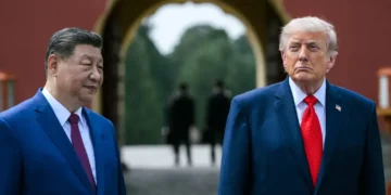 U.S. President Donald Trump tours the Hall of Prayer for Good Harvests with Chinese President Xi Jinping at the Temple of Heaven in Beijing on May 14, 2026.