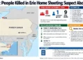 Map locates Erie, Pennsylvania, alongside an editorial summary of a fatal home shooting that killed eight victims and the suspected gunman.