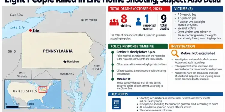 Map locates Erie, Pennsylvania, alongside an editorial summary of a fatal home shooting that killed eight victims and the suspected gunman.