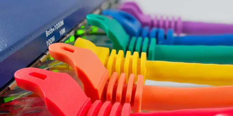 Close-up macro photograph of colorful Ethernet cable wires arranged against a white background.