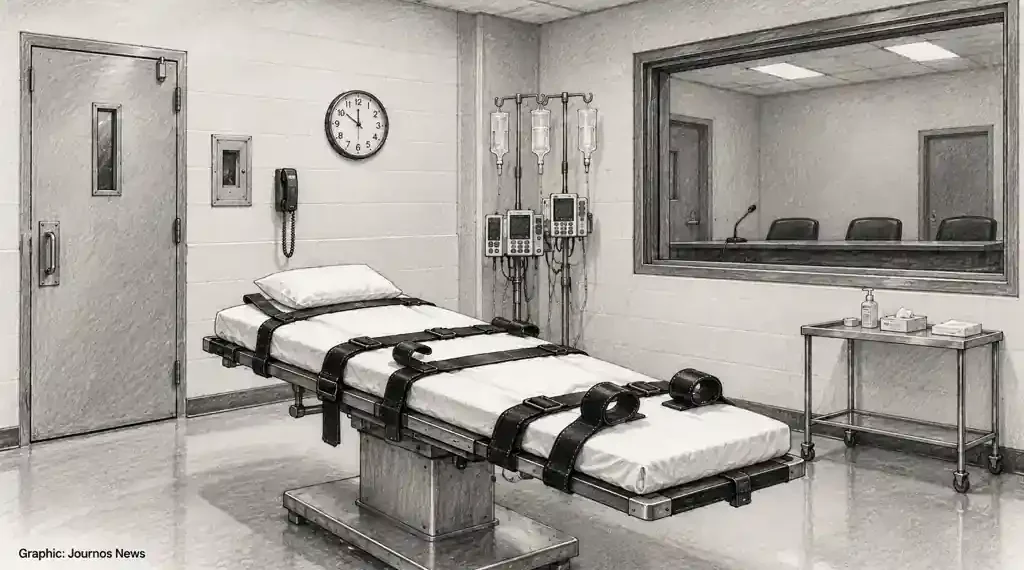 Illustration showing an empty execution chamber with a restraint bed, medical equipment, viewing window, and monitoring clock.