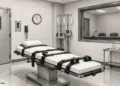 Illustration showing an empty execution chamber with a restraint bed, medical equipment, viewing window, and monitoring clock.