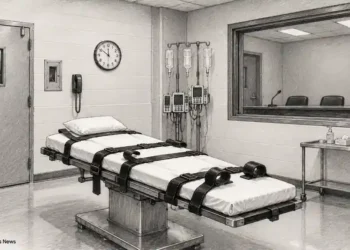 Illustration showing an empty execution chamber with a restraint bed, medical equipment, viewing window, and monitoring clock.