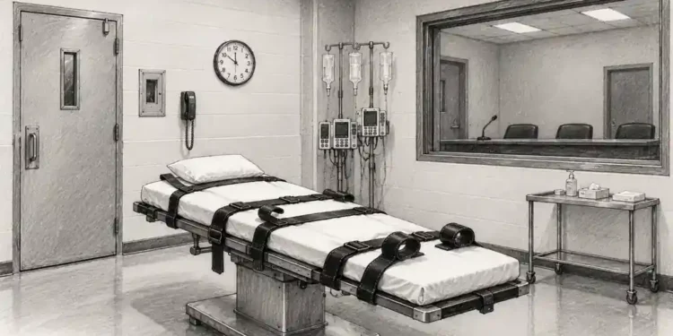Illustration showing an empty execution chamber with a restraint bed, medical equipment, viewing window, and monitoring clock.