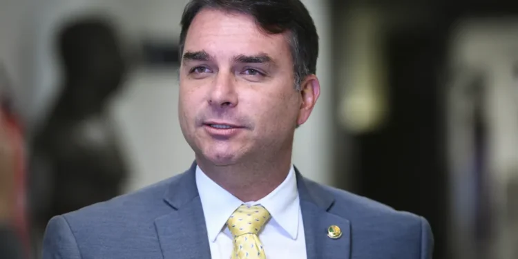Flávio Bolsonaro gives an interview in Brasília, Brazil, on May 12, 2022, in a photograph by Agência Senado.