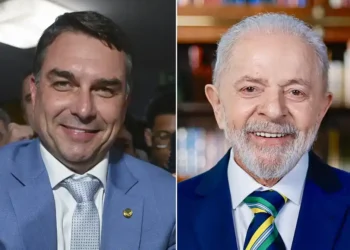 Side-by-side composite of Brazilian Senator Flávio Bolsonaro on the left and Brazilian President Luiz Inácio Lula da Silva on the right, using photographs from 2026 and 2024, respectively.