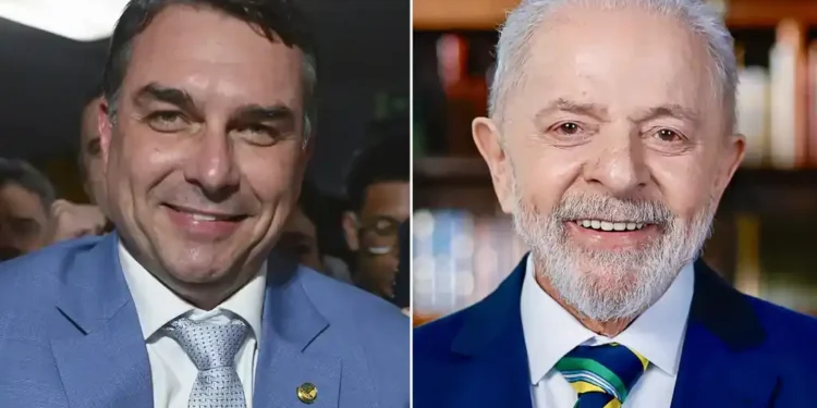 Side-by-side composite of Brazilian Senator Flávio Bolsonaro on the left and Brazilian President Luiz Inácio Lula da Silva on the right, using photographs from 2026 and 2024, respectively.