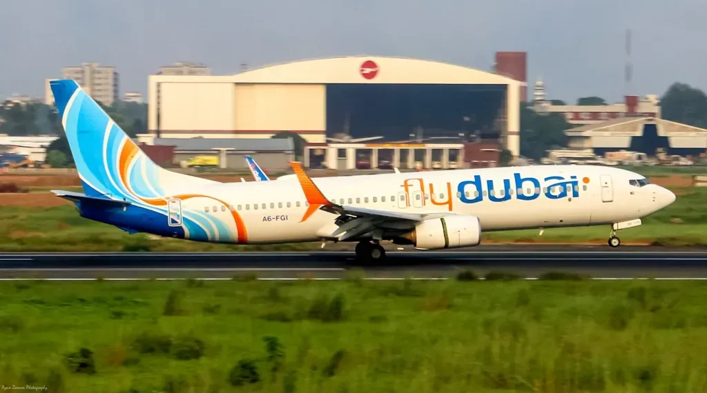 Flydubai Boeing 737-8KN aircraft A6-FGI photographed on November 1, 2021, at VGHS, the airport code for Hazrat Shahjalal International Airport.