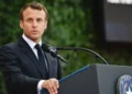 French President Emmanuel Macron speaks during the 75th D-Day anniversary ceremony at Normandy American Cemetery and Memorial in Colleville-sur-Mer, France, on June 6, 2019.
