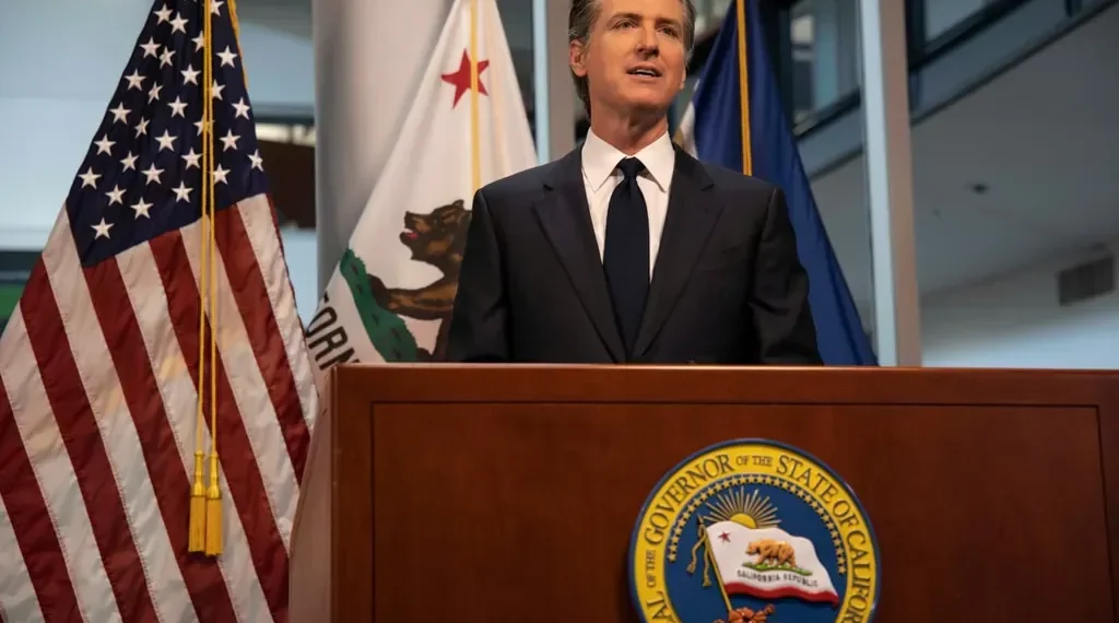 California Governor Gavin Newsom speaks at a podium on September 9, 2020, in an image published by the Governor’s Office.