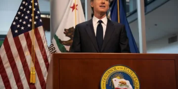 California Governor Gavin Newsom speaks at a podium on September 9, 2020, in an image published by the Governor’s Office.