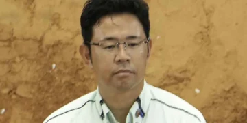 Genta Koja at the Ishikawa Multipurpose Dome in Uruma, Okinawa Prefecture, during the opening ceremony of a bullfighting event.