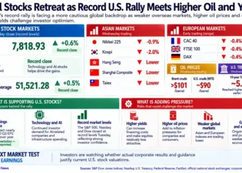 Graphic shows global stock markets retreating as record U.S. indexes face pressure from higher oil prices, Treasury yields and weaker overseas markets.