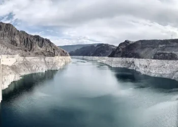 Water intake towers rise from Lake Mead at Hoover Dam on the Nevada-Arizona border, photographed by APK on October 5, 2021.