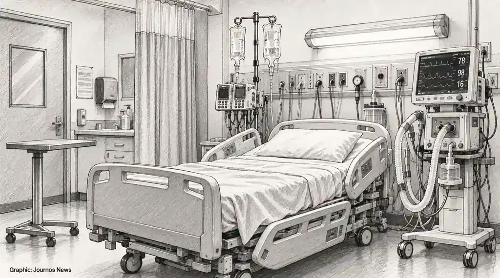Illustration showing an empty intensive care room with a hospital bed, ventilator, intravenous equipment and patient monitoring devices.