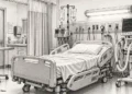 Illustration showing an empty intensive care room with a hospital bed, ventilator, intravenous equipment and patient monitoring devices.