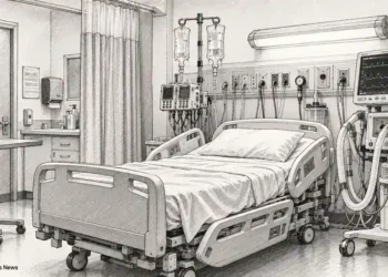 Illustration showing an empty intensive care room with a hospital bed, ventilator, intravenous equipment and patient monitoring devices.
