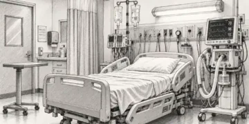 Illustration showing an empty intensive care room with a hospital bed, ventilator, intravenous equipment and patient monitoring devices.