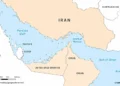 Map showing Iran and the Strait of Hormuz between the Persian Gulf and Gulf of Oman, with neighboring countries and the Arabian Sea labeled.
