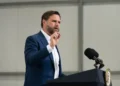 U.S. Vice President JD Vance delivers remarks to Airmen at RAF Fairford in England on August 13, 2025.