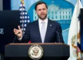 U.S. Vice President JD Vance takes over the White House press briefing on May 20, 2026, during an appearance in the White House briefing room.