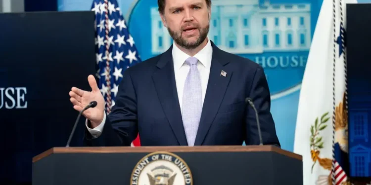 U.S. Vice President JD Vance takes over the White House press briefing on May 20, 2026, during an appearance in the White House briefing room.