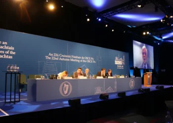 Jim Skea, Chair of the Intergovernmental Panel on Climate Change, addresses the OSCE Parliamentary Assembly's autumn meeting in Dublin, Ireland, on October 3, 2024.