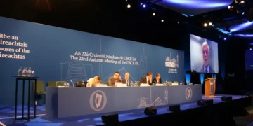 Jim Skea, Chair of the Intergovernmental Panel on Climate Change, addresses the OSCE Parliamentary Assembly's autumn meeting in Dublin, Ireland, on October 3, 2024.