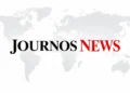 JournosNews wordmark in black and red centered over a pale gray world map on a clean white background.