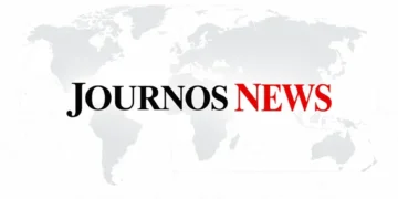 JournosNews wordmark in black and red centered over a pale gray world map on a clean white background.