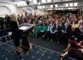 White House Press Secretary Katie Zacharia conducts her first press briefing in the James S. Brady Press Briefing Room on October 13, 2026.