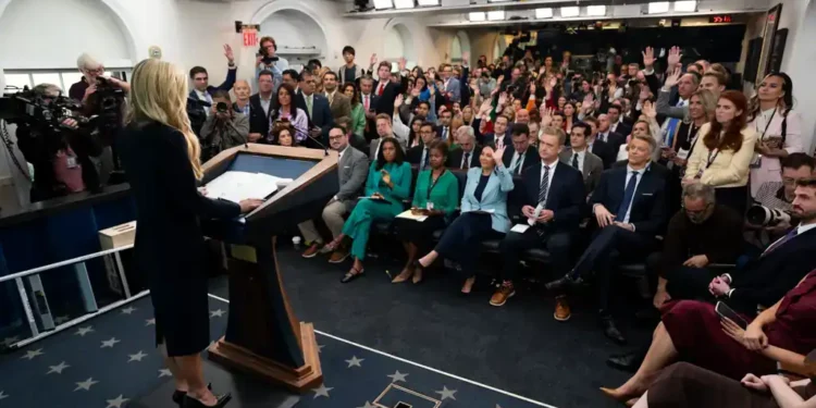 White House Press Secretary Katie Zacharia conducts her first press briefing in the James S. Brady Press Briefing Room on October 13, 2026.