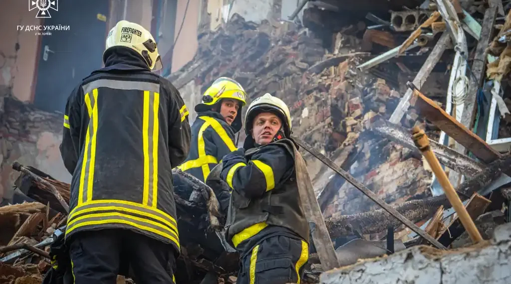 Kyiv after a Russian drone attack on October 17, 2022, showing a destroyed historic residential building in the Ukrainian capital.