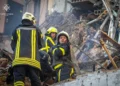 Kyiv after a Russian drone attack on October 17, 2022, showing a destroyed historic residential building in the Ukrainian capital.