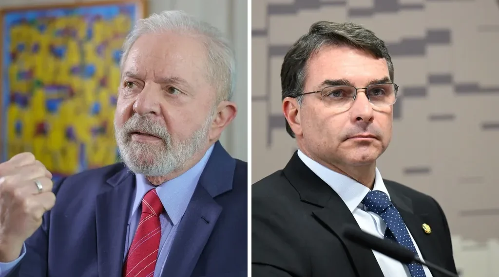 Composite image combining two photographs of Brazilian President Luiz Inácio Lula da Silva and Flávio Bolsonaro from separate events and dates.