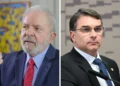 Composite image combining two photographs of Brazilian President Luiz Inácio Lula da Silva and Flávio Bolsonaro from separate events and dates.