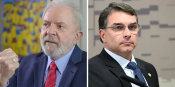 Composite image combining two photographs of Brazilian President Luiz Inácio Lula da Silva and Flávio Bolsonaro from separate events and dates.
