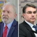 Composite image combining two photographs of Brazilian President Luiz Inácio Lula da Silva and Flávio Bolsonaro from separate events and dates.