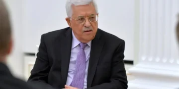 Mahmoud Abbas meets Russian President Vladimir Putin on April 18, 2016, in a photograph released by the Russian presidential press service.