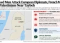Map locating Taybeh in the occupied West Bank alongside reported assaults on Palestinian olive harvesters and a visiting European delegation, vehicle damage, and the ensuing investigation.