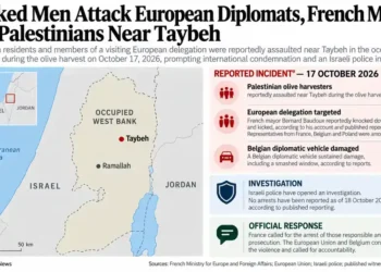Map locating Taybeh in the occupied West Bank alongside reported assaults on Palestinian olive harvesters and a visiting European delegation, vehicle damage, and the ensuing investigation.