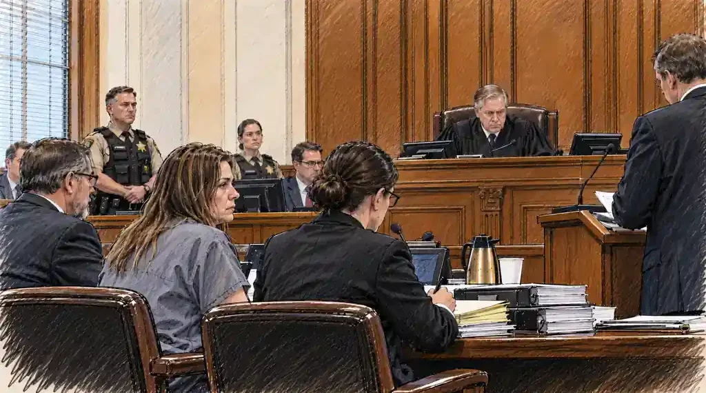 Courtroom illustration showing a defendant seated with attorneys before a judge as sheriff's deputies and court staff observe.