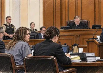 Courtroom illustration showing a defendant seated with attorneys before a judge as sheriff's deputies and court staff observe.