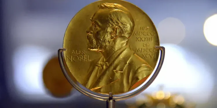 Nobel Prize medal for medicine awarded in 1945 to Alexander Fleming, displayed at the National Museum of Scotland in Edinburgh.