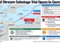 Map shows the Nord Stream 1 and Nord Stream 2 pipelines in the Baltic Sea near Bornholm, Denmark, with reported explosion sites, German court proceedings and unresolved questions about responsibility for the 2022 sabotage.